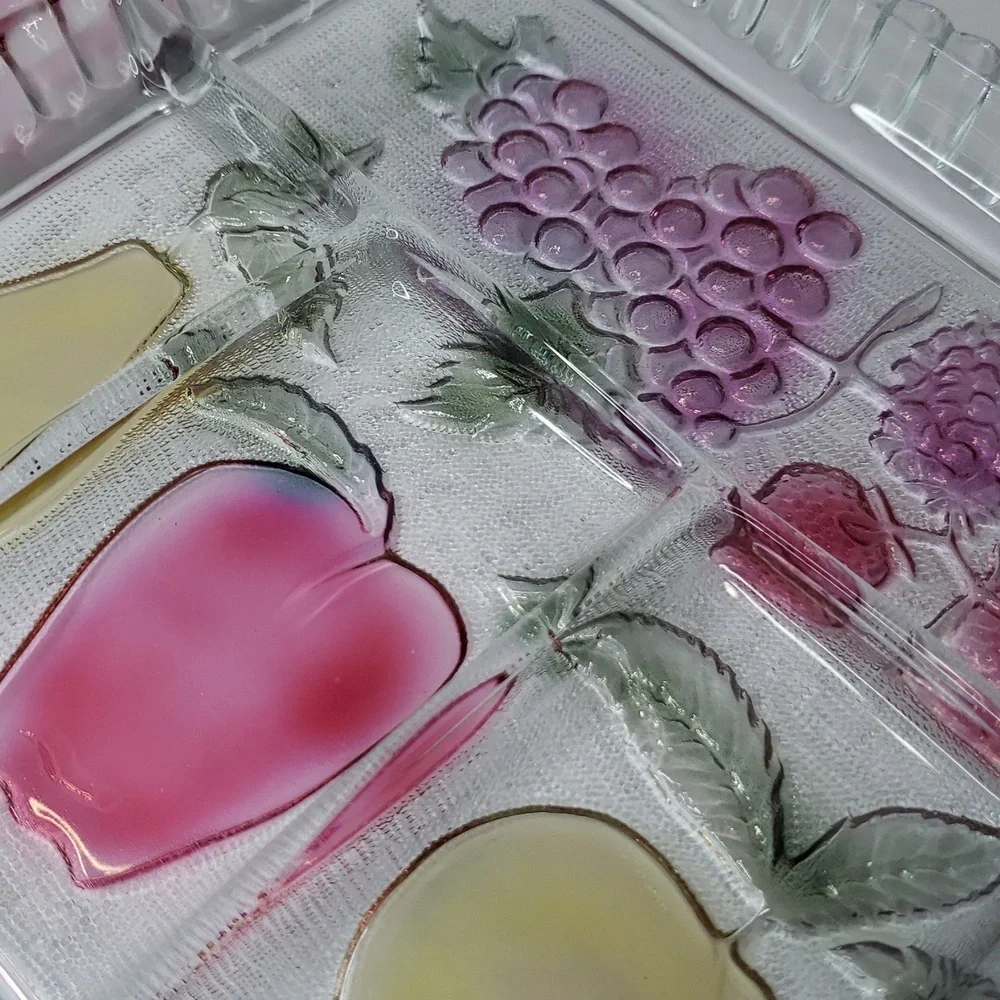 Vintage Clear Glass Divided‎ Relish Tray with Fruit Design and Pink Handles